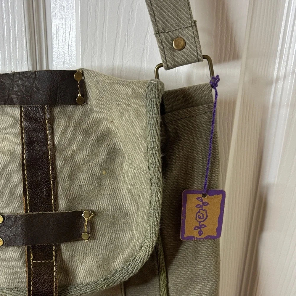 Canvas and Leather Messenger Bag - Khaki Green NWT North Coast Brewing Co Logo